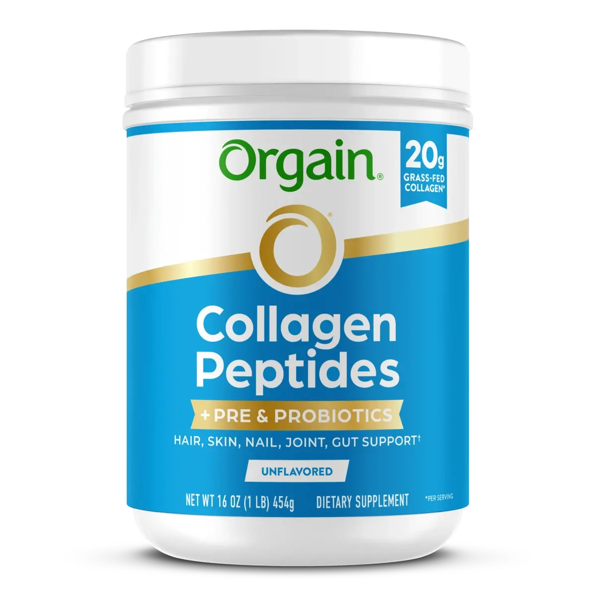Orgain Collagen Peptides + Prebiotics & Probiotics Powder | 20g Collagen Peptides | 1 Billion Probiotics | Prebiotic Fiber | Hair Skin Nails & Joint Support | Unflavored