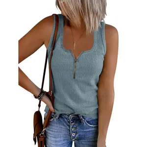 Women's Lady Tops - V-Neck Ribbed Knitted Sleeveless Button-Up Henley Camisole Shirt, Loose Oversized Casual Basic Summer Clothes