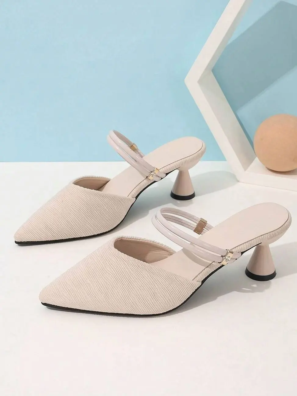 Women’s Beige Pointed Toe Slingback Heels, Textured Kitten Heel Pumps with Adjustable Strap, Elegant Office Date Night Dress Shoes