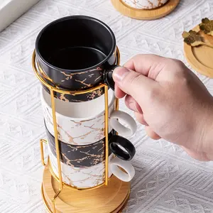 Marble Design Ceramic Coffee Cup Set With Saucers And Spoon - 6.09oz, Includes Golden Holder - Perfect For Holidays & Everyday Use Tea Cup Set Coffee Accessories