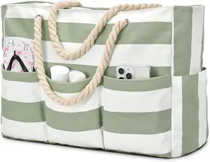Beach Bags for Women Canvas Large Beach Tote Bag Zipper Waterproof Sandproof Foldable Swim Pool Bag with 7 Pockets