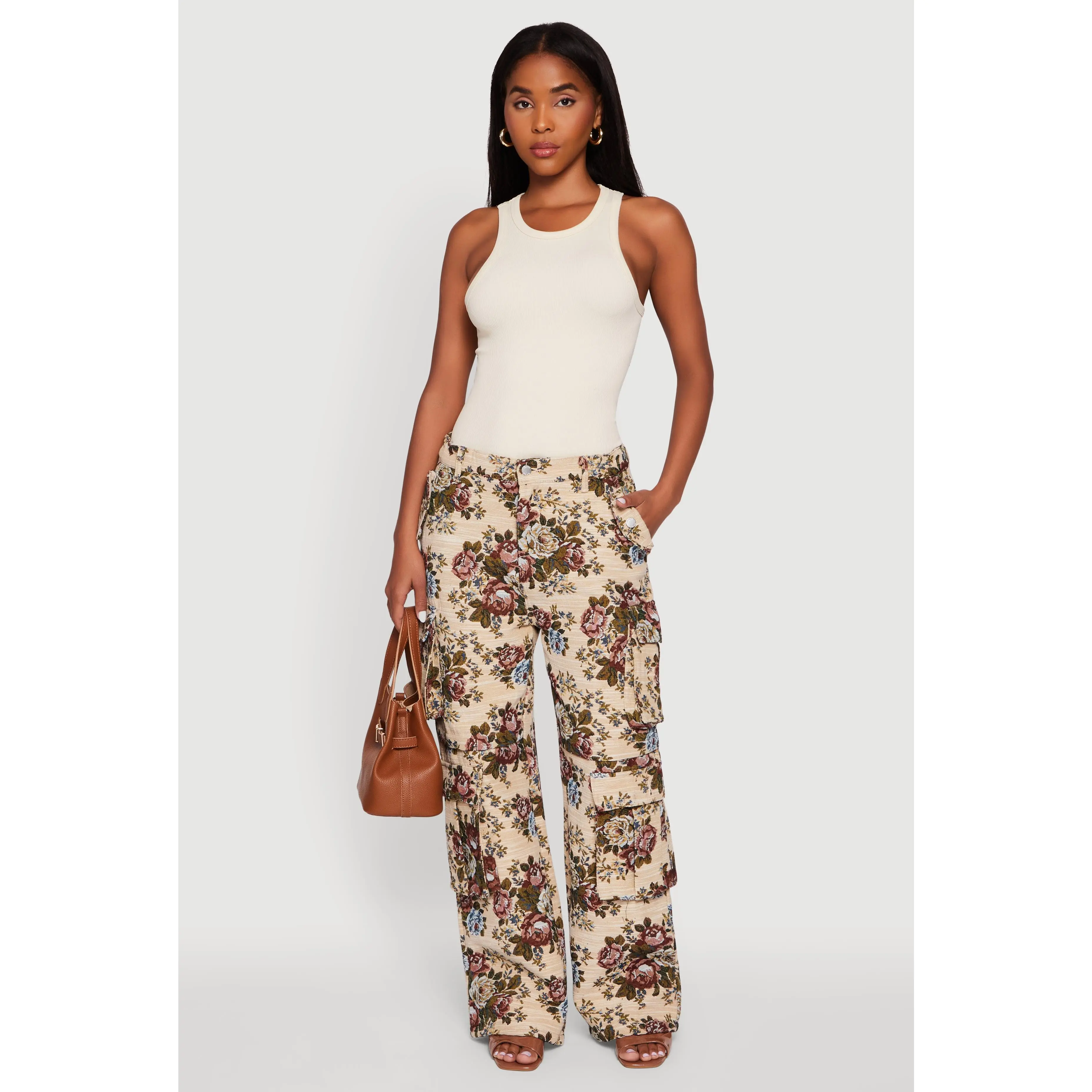 Floral Jacquard Wide Leg Utility Pants