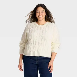 Women's Long Sleeve Cozy Cable Crewneck Pullover Sweater - Universal Thread Cream 4X