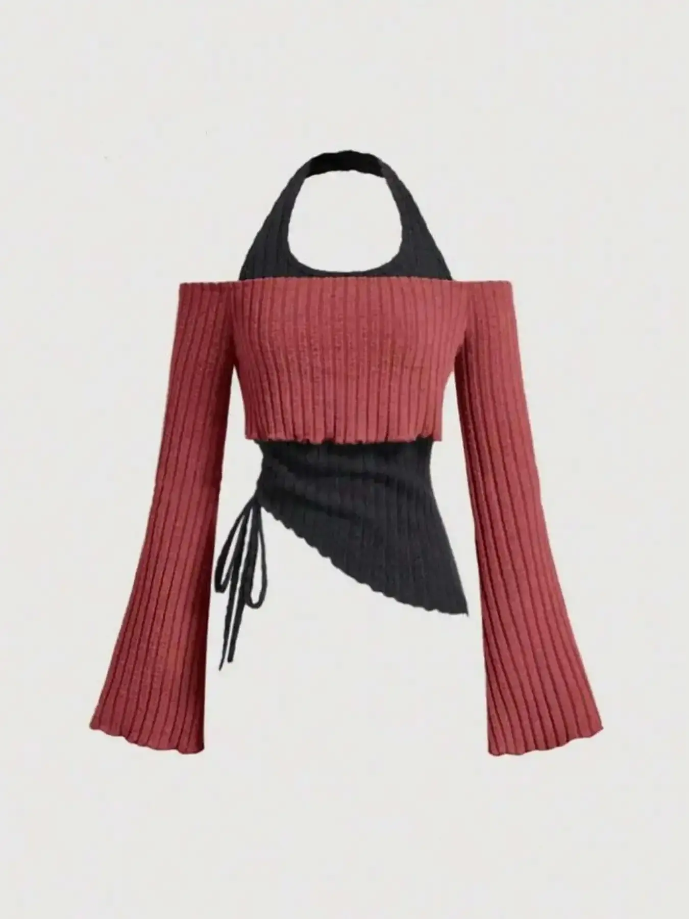 Women's Colorblock 2 in 1 Backless Halter Neck Crop Knit Top, Asymmetrical Flounce Long Sleeve Drawstring Adjustable Fit for Daily Wear, Ladies Clothes All Seasons, Cute Tops, Knitwear trending now layering piece
