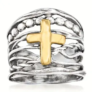 Boho cross jewelry.Textured wide band ring.Crafted from vintage silver metal, the surface features retro textures such as twisted rope, beaded dots, and hollow patterns, with rich layers and a full handcrafted feel.Men's rugged cross ring.