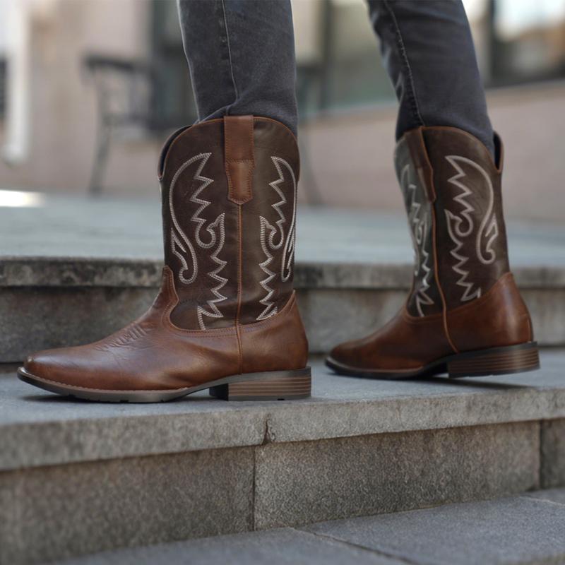 Cowboy Boots For Men with Wide Square Toe Western Retro Boot Durable Classic Fashionable Embroidered Pull On Slip Resistant Boots