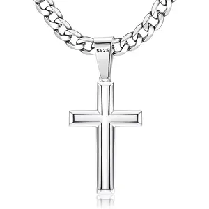Besteel 925 Sterling Silver Fashionable Cross Necklace for Men & Women 16-30 Inches & 5mm pretty Men's Stainless Steel  Curb Cuban Link Chain Crucifix Cross Pendant Jewelry gift outdoorfun for summer