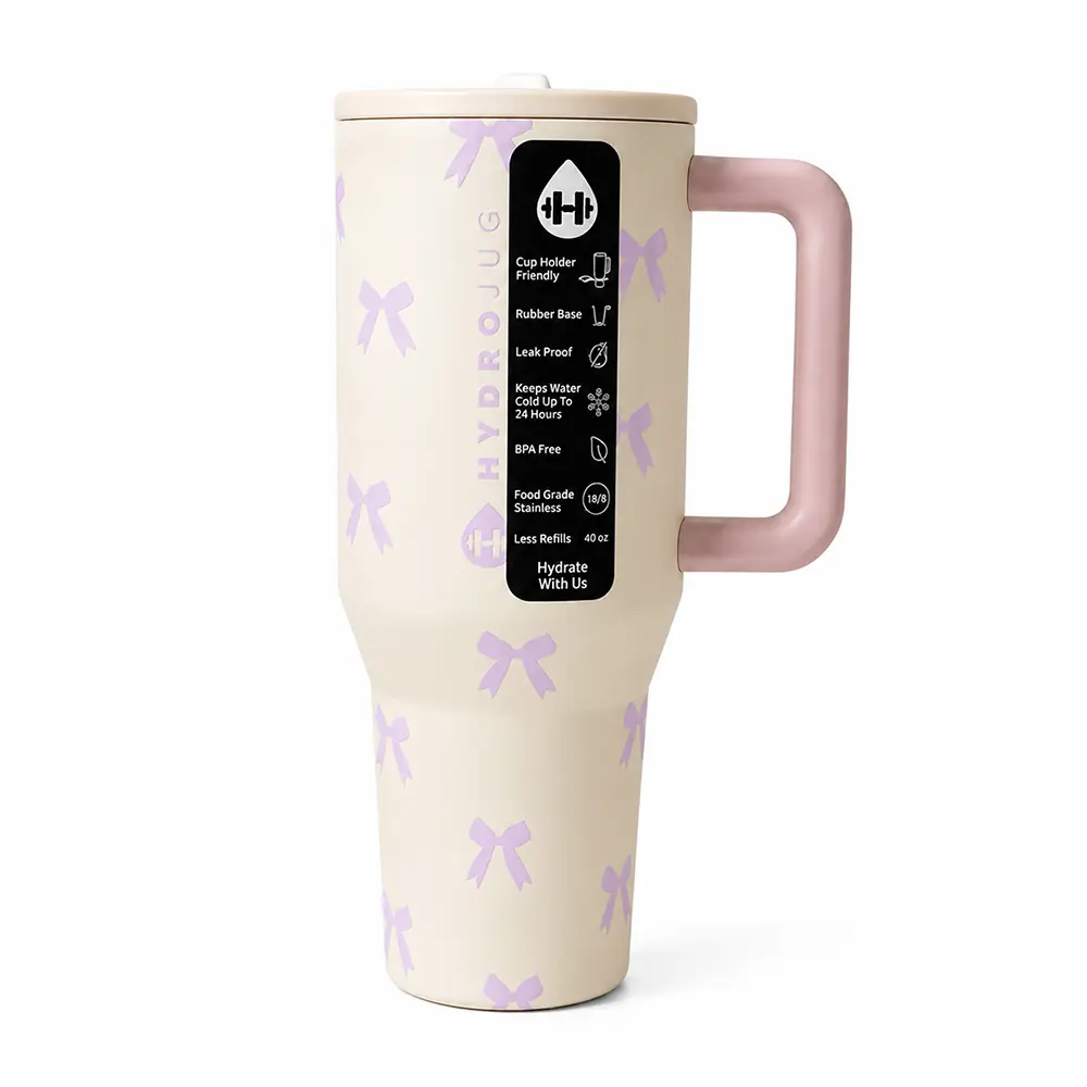 HydroJug Traveler 40oz Cream & Lavender Bow Print Insulated Tumbler with Handle & Flip Straw – Leakproof Stainless Steel Cup, Cup Holder Friendly