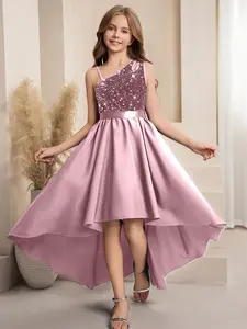 Girls' Off-Shoulder Sequin Dress, A-Line Asymmetrical Hem Formal Evening Gown, Slim-Fitting High Waist Party Dress for All Seasons