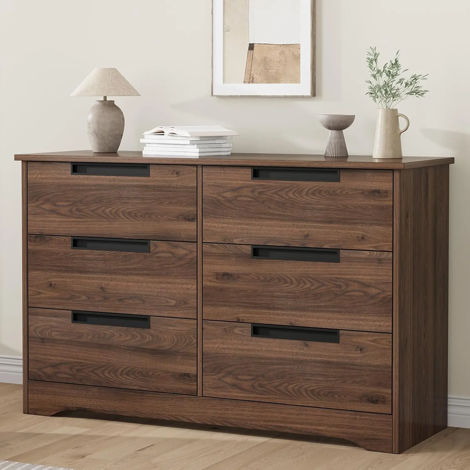 6 Drawer Wooden Dresser For Bedroom, Modern Practical Chest Of Drawers With Embedded Handles, Multifunctional Wood Dresser Storage Organizer Cabinet For Bedroom Living Room Nursery Hallway Home Furniture