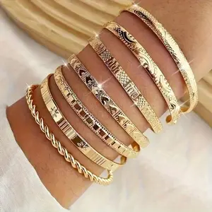 7pcs Golden Bracelets For Women, Silvery Bracelet  Clothing Jewelry Fashion Disco Bracelet Golden Bracelet