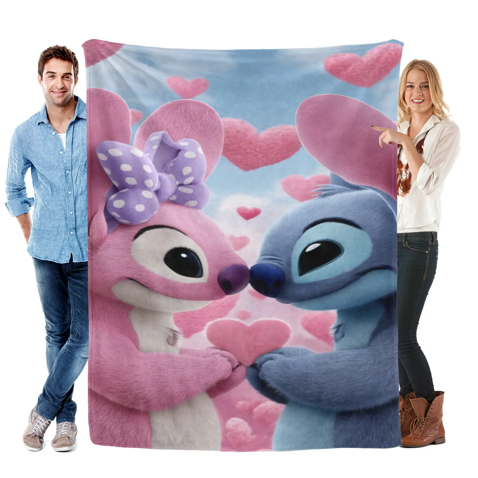 Disney Stitch Couple Printed Blanket, Soft Flannel Cozy All Season Throw Cover For Sofa Bed, Couples And Teens