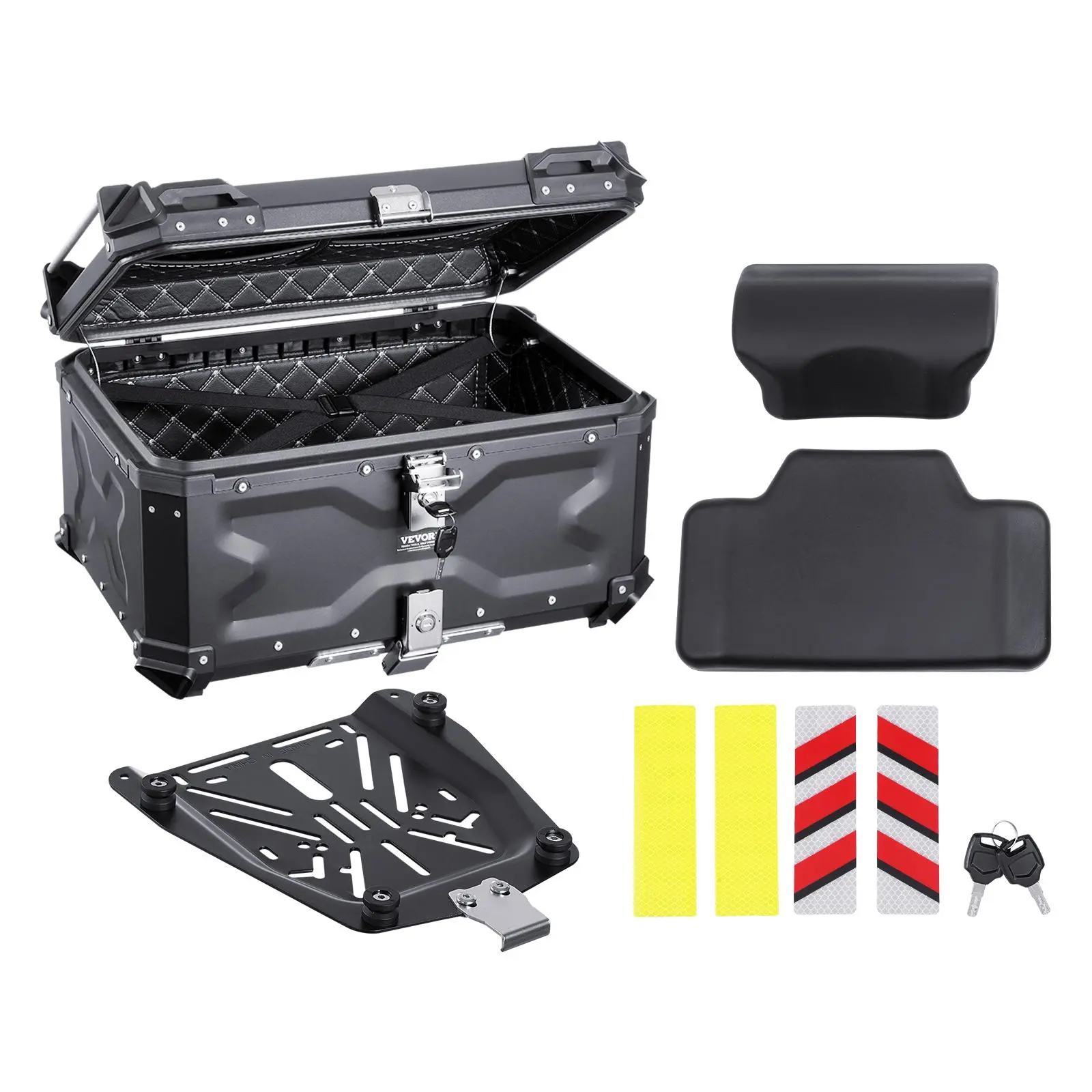 【summerfinds】VEVOR Motorcycle Top Case,Universal Aluminum Alloy Motorbike Tail Box with Leather Lining65L Waterproof Detachable Motorcycle Top Box with Lock & Back CushionFit for 99% of Motorcycle Frames