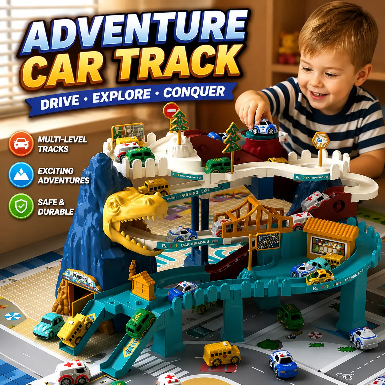 Dinosaur Race Track Car Garage Adventure Playset with 10 Mini Cars Educational Ramp Toy for Indoor Outdoor Playroom Backyard Birthday Holiday Christmas Gift