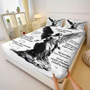 Angel Print 3-Piece Fitted Sheet Set, Spiritual Style Bedding, Durable Fine Stitching, Suitable for Home and Hotel Bedrooms