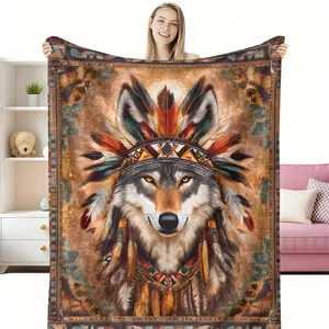 Decorated Wolf pattern 2D printed flannel plush blanket, available for wholesale in large quantities, Christmas Halloween winter New Year holiday gift blanket, soft warm commemorative blanket, suitable for the wh, Flannel Throw Blanket