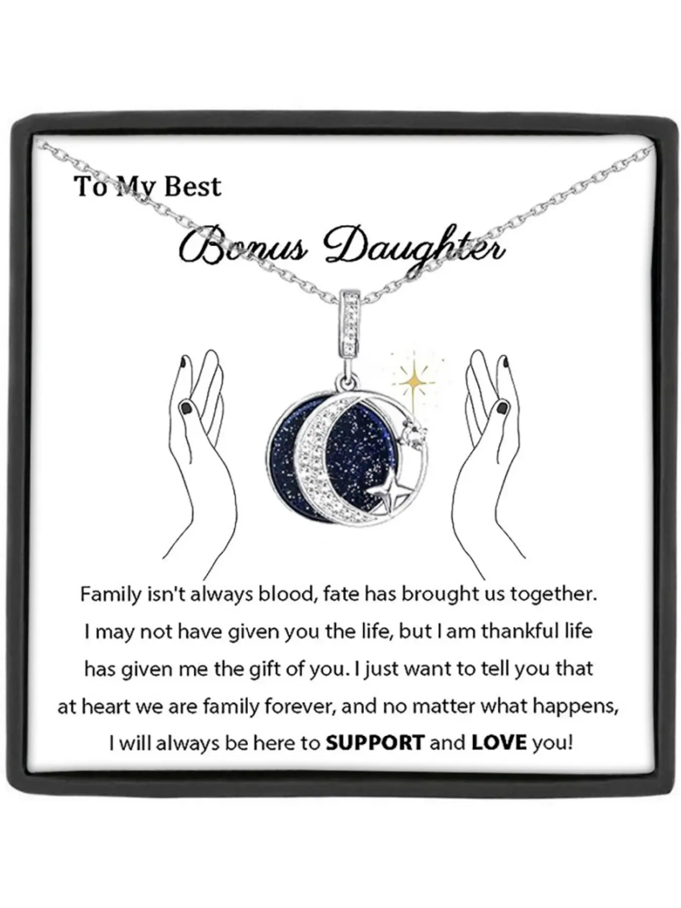 To My Best Bonus Daughter Galaxy Pendant Necklace with Card and Gift Box, Step Daughter Birthday Gift, Christmas Gift