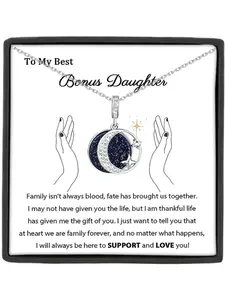 To My Best Bonus Daughter Galaxy Pendant Necklace with Card and Gift Box, Step Daughter Birthday Gift, Christmas Gift