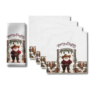 Cowboy Claus Cloth Napkin Set of 4 Rustic Western Santa Design 20x20 Inches Soft Polyester Tableware for Festive Gatherings Cutlery