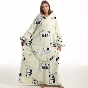 Plus-Size Cozy Fleece Panda and Animal Print Blanket Hoodie for Adults, Warm And Comfortable Women's Pajamas, Oversized Wearable TV Blanket