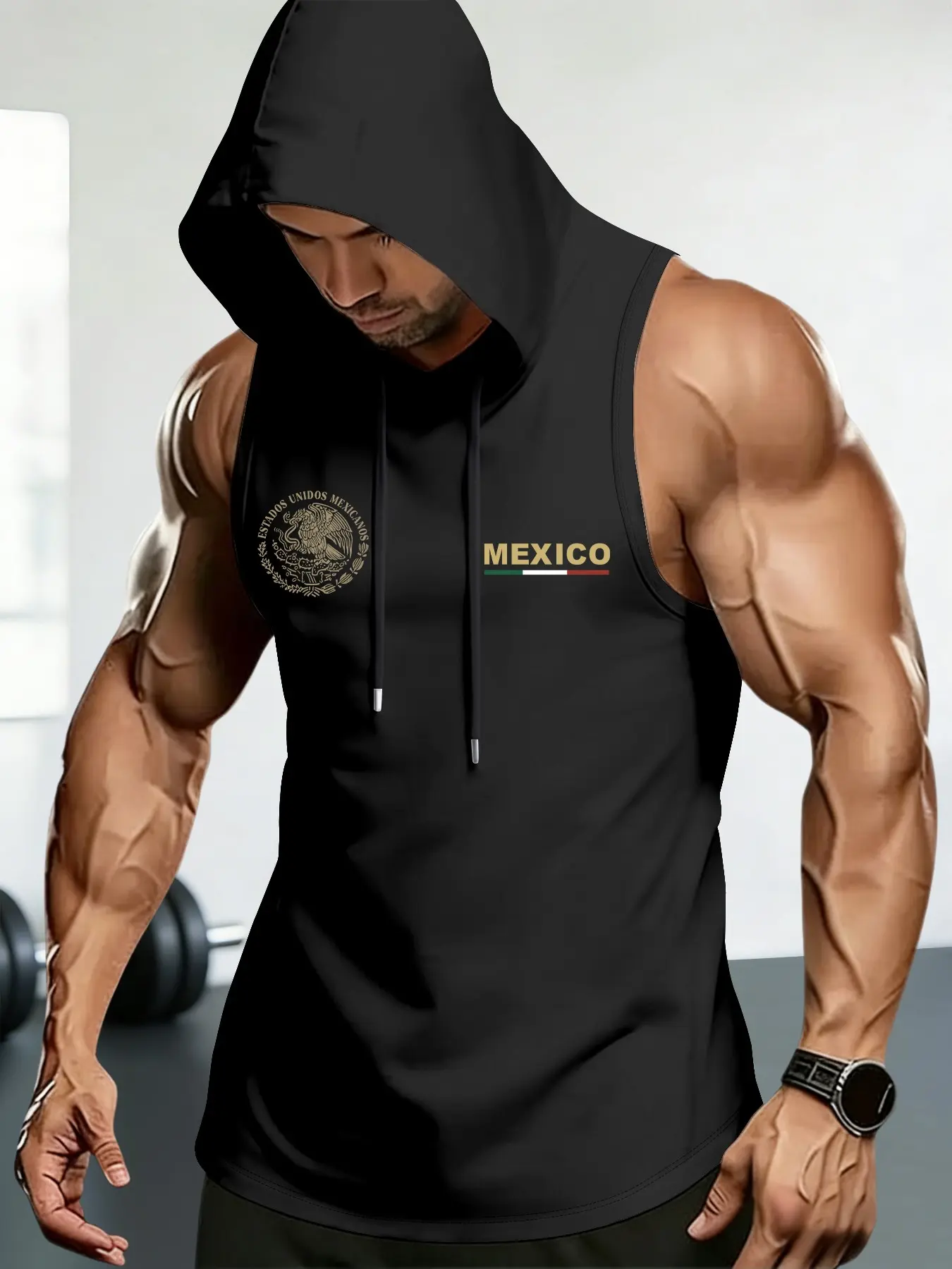 Men's Sporty Hooded Vest, Vintage Mexican Graphic Print Sleeveless T-Shirt, Comfortable Casual Wear for Fitness and Exercise, Sports Vest, Fitness Sports Tank, Sleeveless Sports Vests