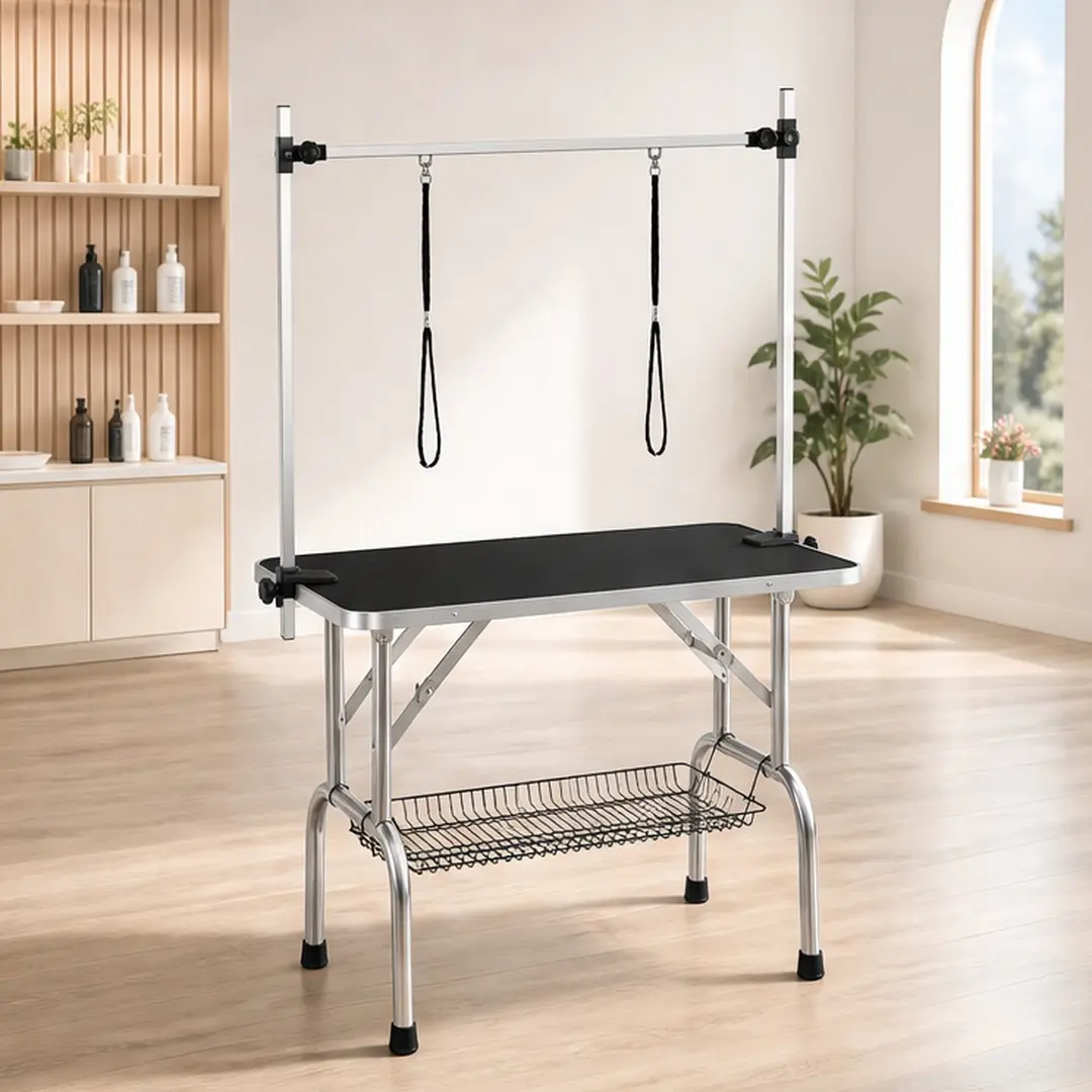 Heavy-Duty Portable MDF Board Dog Grooming Table (34.14 lb, 36-Inch), MDF+Steel, Stainless Steel Legs, Adjustable Arm, Noose, Mesh Tray, Secure Clamp, Easy Cleanup, Clean, Black, for Home/Salon Use, 37.13" L x 25.75" W x 5.13" H, Rubber, Skid-Resistant, C