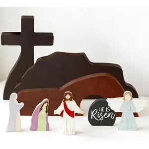 Easter Empty Tomb Set – 8-Piece Wooden Resurrection Scene with Cross & Figures, He Is Risen Christian Easter Decor, Color-Printed Tabletop Display Religious Decorations for Home Office Church