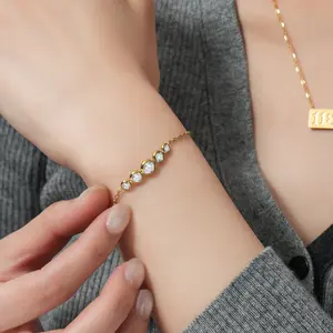 Oufer Five Sparkly CZ Adjustable Stainless Steel Bracelet Non Tarnish 18K Gold Plated Bracelets for Women