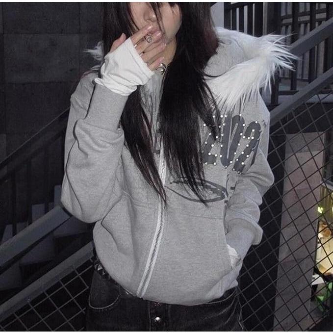 Grunge Fur Hood Zip Up Hoodie Women Teen Girls Y2k Emo Goth 2000s Sweatshirts Cute Fall Winter Crop Coats