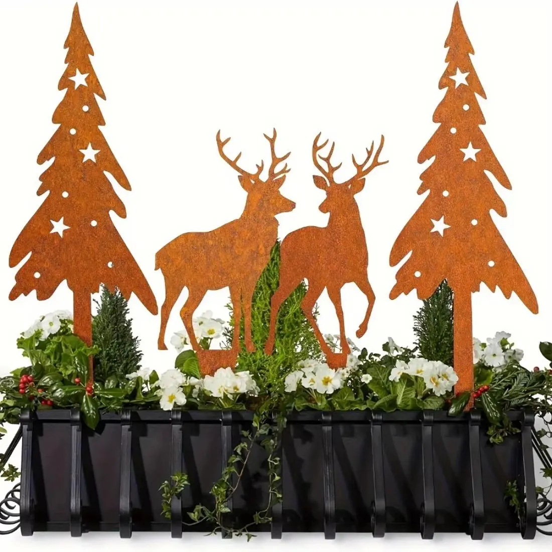 Vintage Christmas Themed Garden Stakes, Rustic Reindeer & Tree Outdoor Decoration Set, Holiday Yard Art with Animal Theme