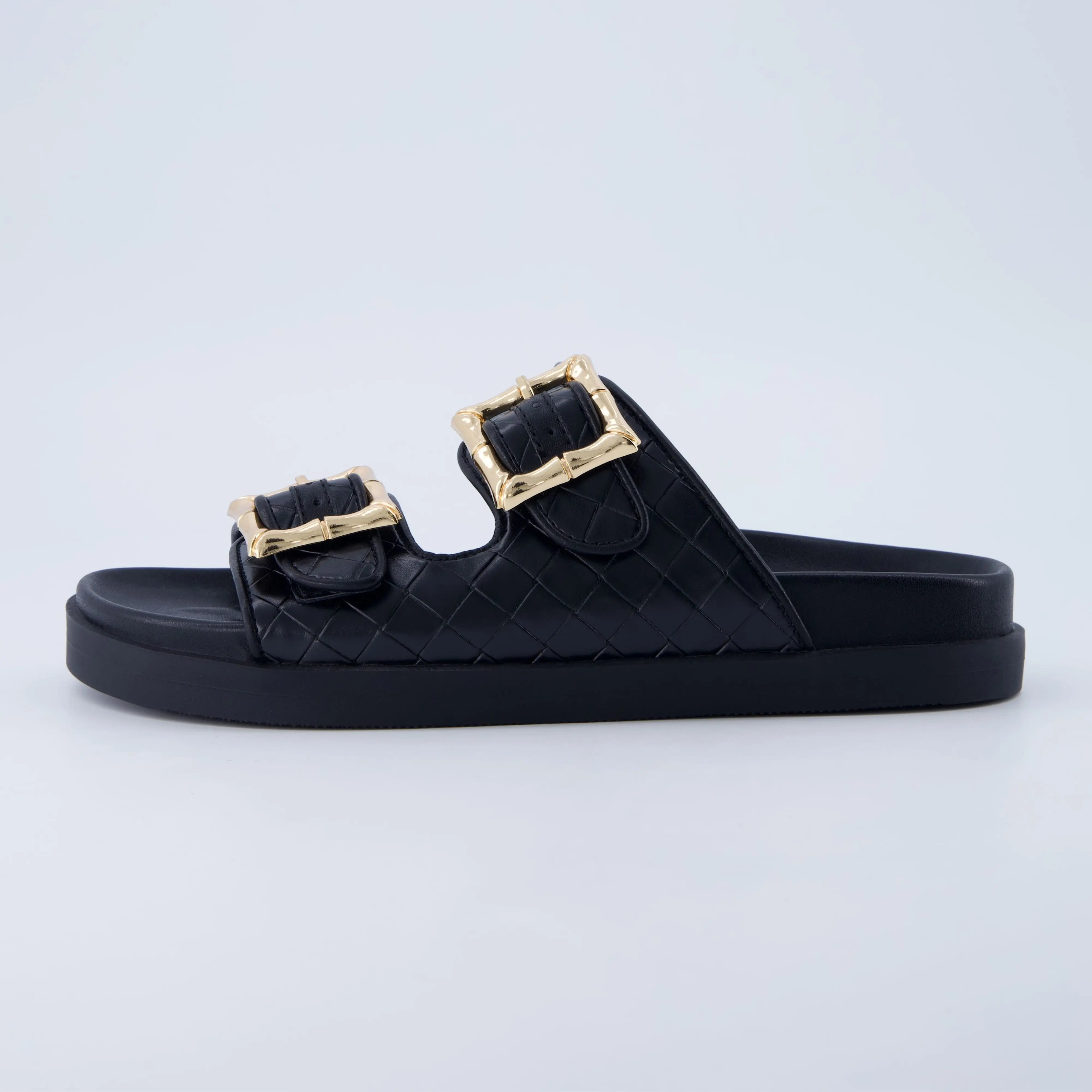 Cushionaire Women's Loft Quilted Slide Sandal – Double Buckle Slip-On Footbed Sandal with Woven Detail, Adjustable Straps & Memory Foam