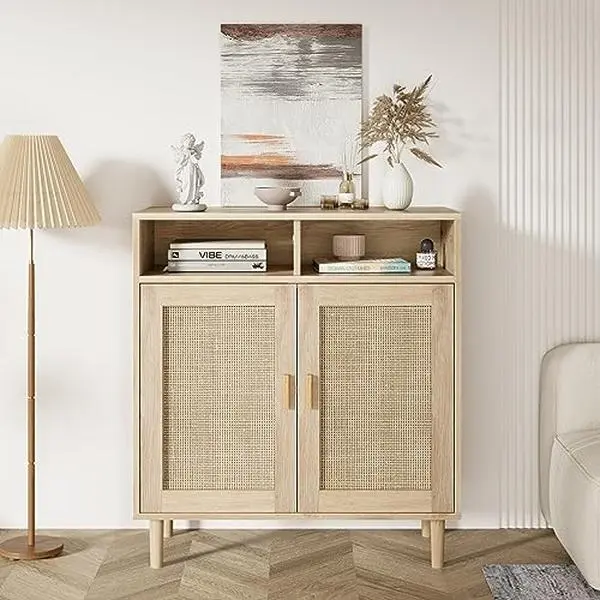 Natural Rattan Weave Sideboard Cabinet - Boho Modern Farmhouse 2-Door Buffet with Adjustable Shelf, 150+ lbs Load, Breathable Panel, Reinforced Legs, Tool-Free Lock for Kitchen, Dining Storage