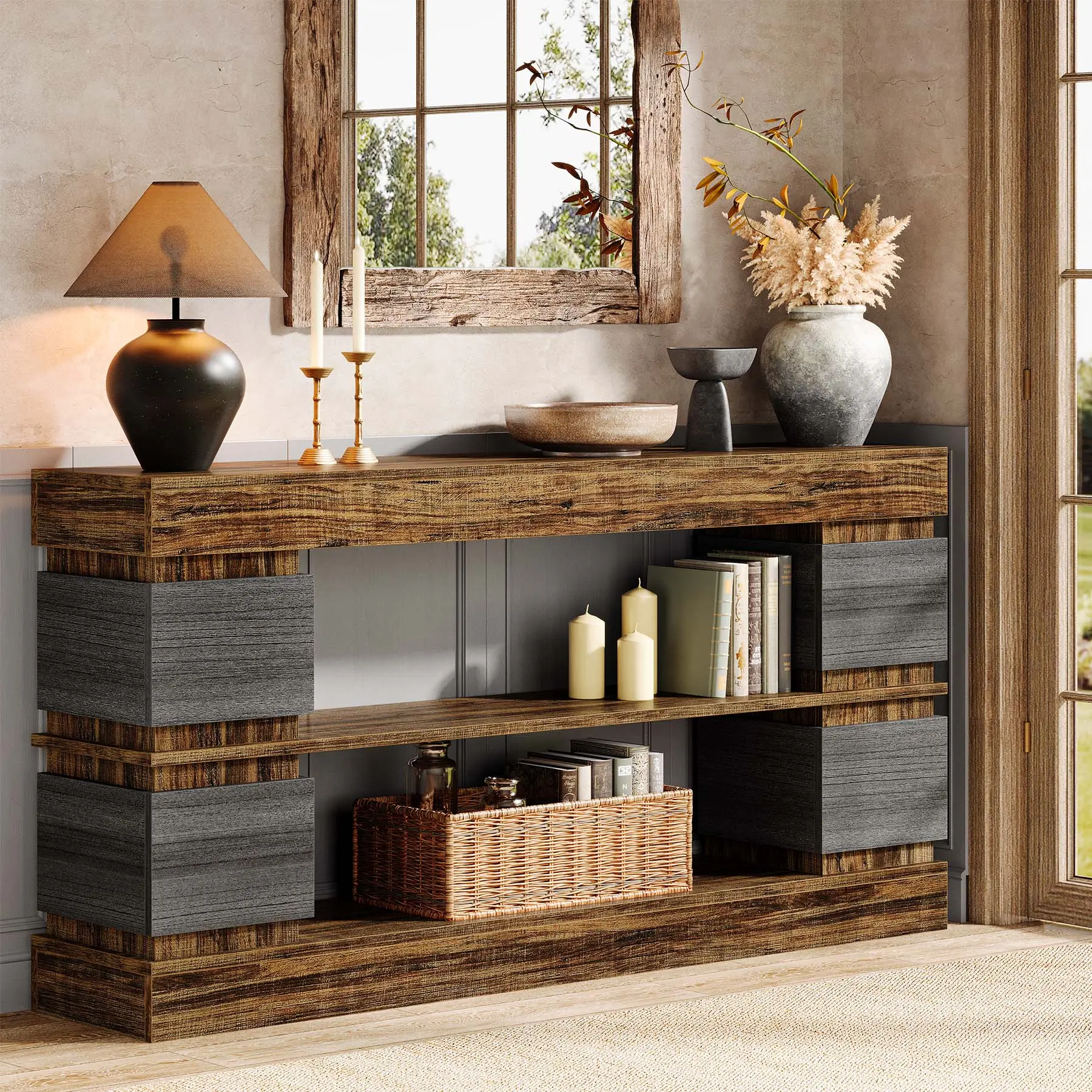 LITTLE TREE Long Console Table with Storage, 63" Wood Entryway Table, 3-Tier Farmhouse Behind Couch Table, Modern Hallway Sofa Table with 4 Compartments for Entrance, Living Room