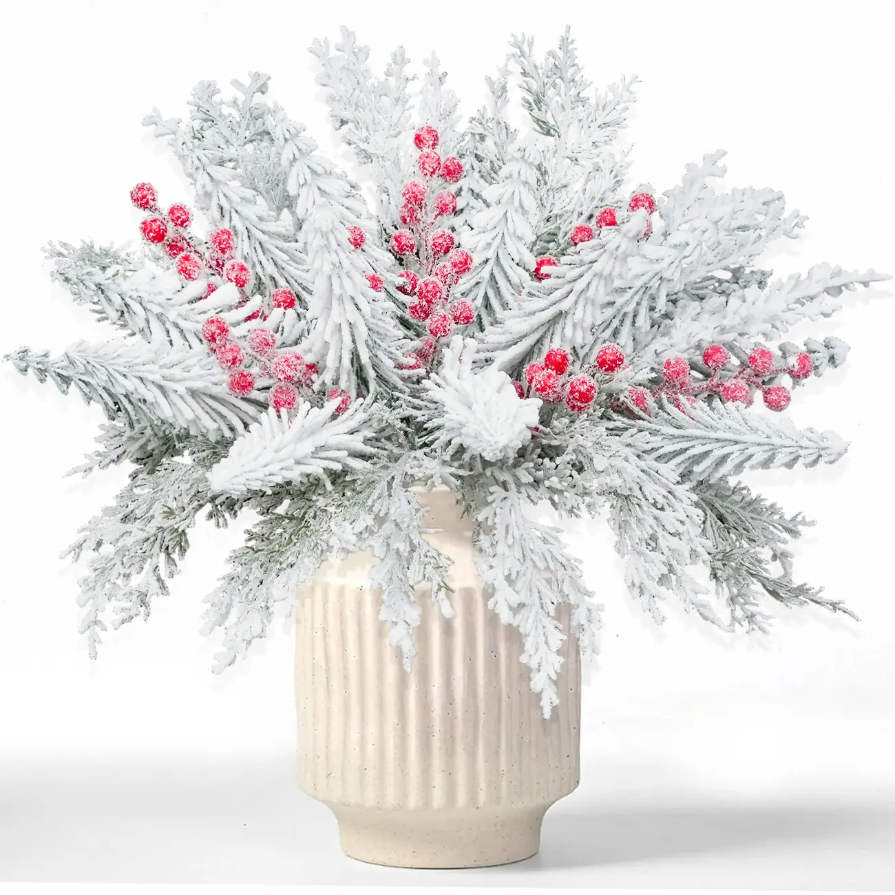 [Festive Christmas DIY Plastic PVC Set] 30pcs Colorful Snowflake-Effect Artificial Pine & Accents - 6 Red Berries, 8 Flocked Cypresses, 16 Small Units for Wreath Making, Home Decor (for Crafters)