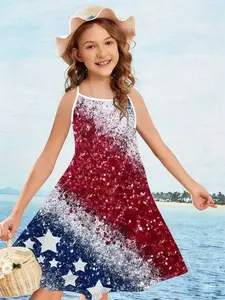 Children's Dress "Independence Day Glitter Trendy Style" Glitter Flag Gradient Print + A-line Flared Silhouette, Stylish and Trendy, Perfect for Independence Day Celebrations / Summer Outings and Super Photogenic
