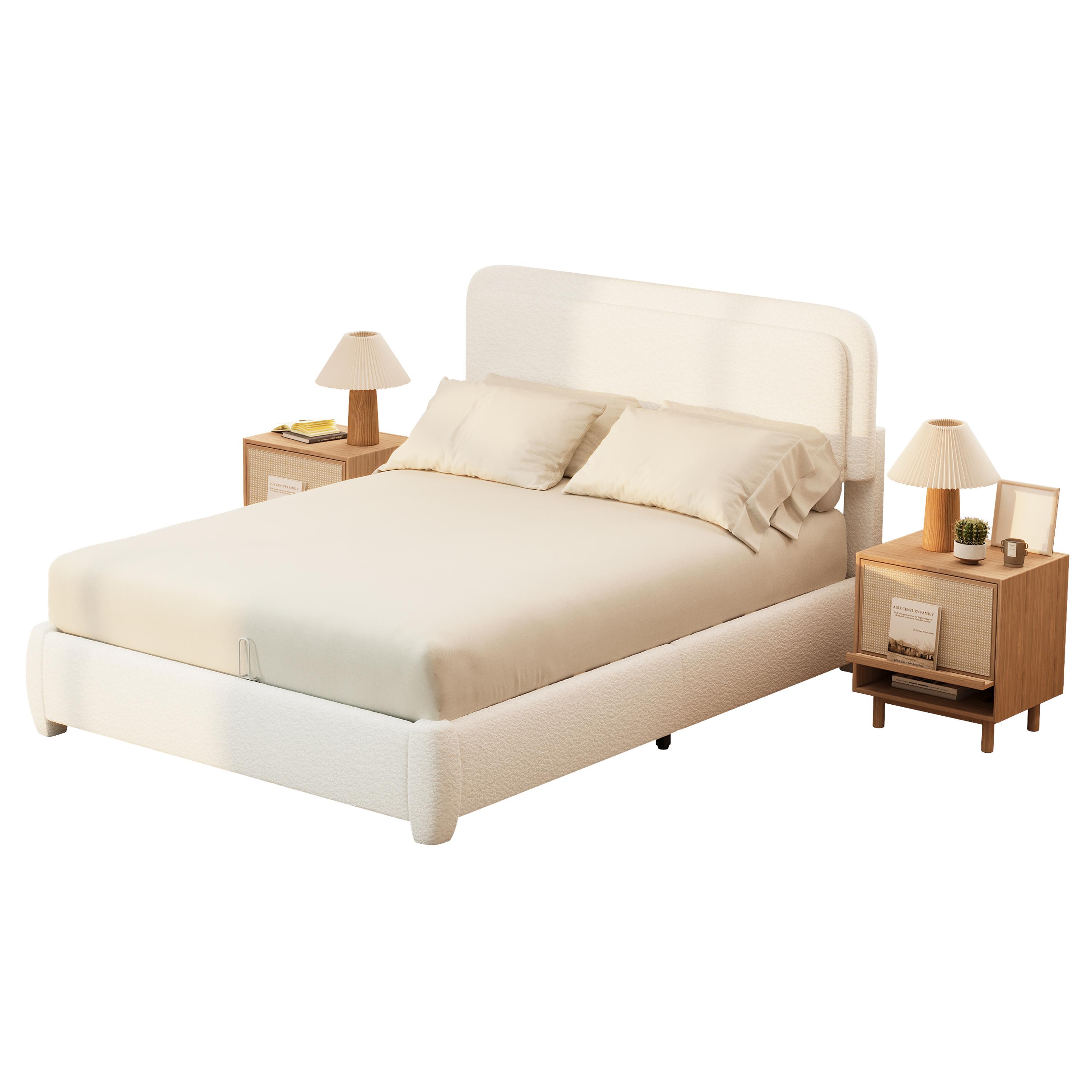 Queen Size Bed Frame with Adjustable Height Headboard, Modern Queen Platform Bed with Curved Cloud Headboard, Elegant Boucle Fabric Low Profile Platform Bed, No Box Spring Needed, Easy Assembly, White