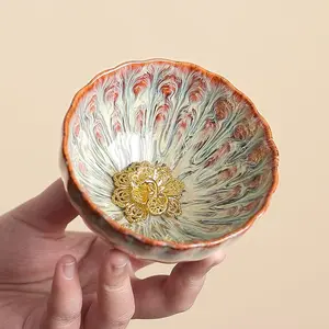 Kiln-Transformed Jianzhan Ceramic Master Tea Cup, Inlaid with Silver Petal Motifs, Individual Gongfu Tea Tasting Cup for Home Use