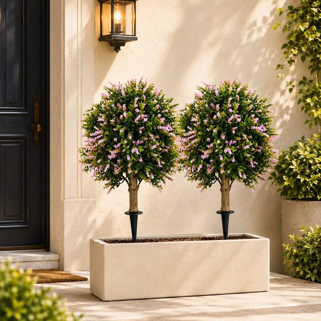 2 Pack 24 Inch Artificial Flower Topiary Trees with Ground Stakes, Lifelike Pink Faux Flowering Shrubs for Outdoor Garden, Porch, Patio, Planter and Entryway Decor