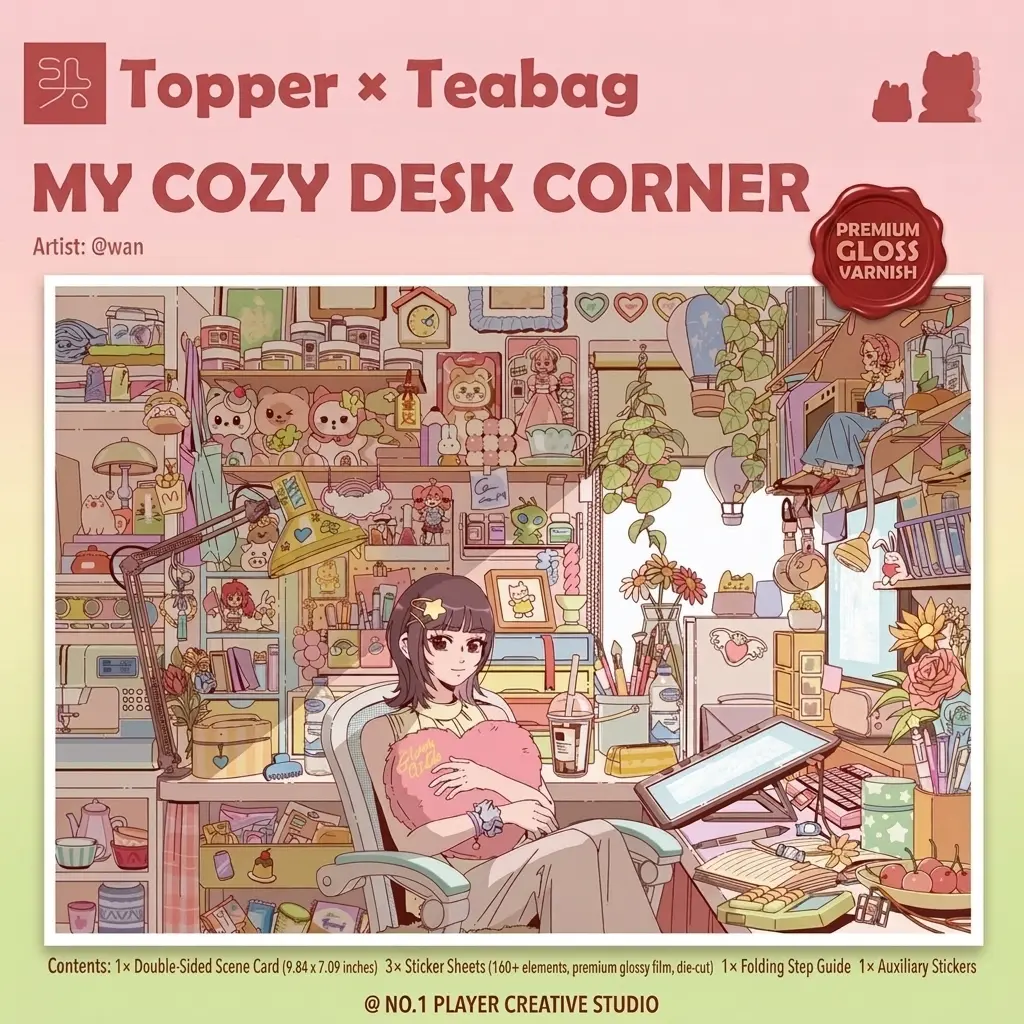 Desktop decoration sticker set: tea bag aesthetics, cozy style; includes over 160 small, cute props; soft cartoon girl bedroom scene assembly stickers; glossy, waterproof; DIY layered mini room handmade gift (includes tweezers).