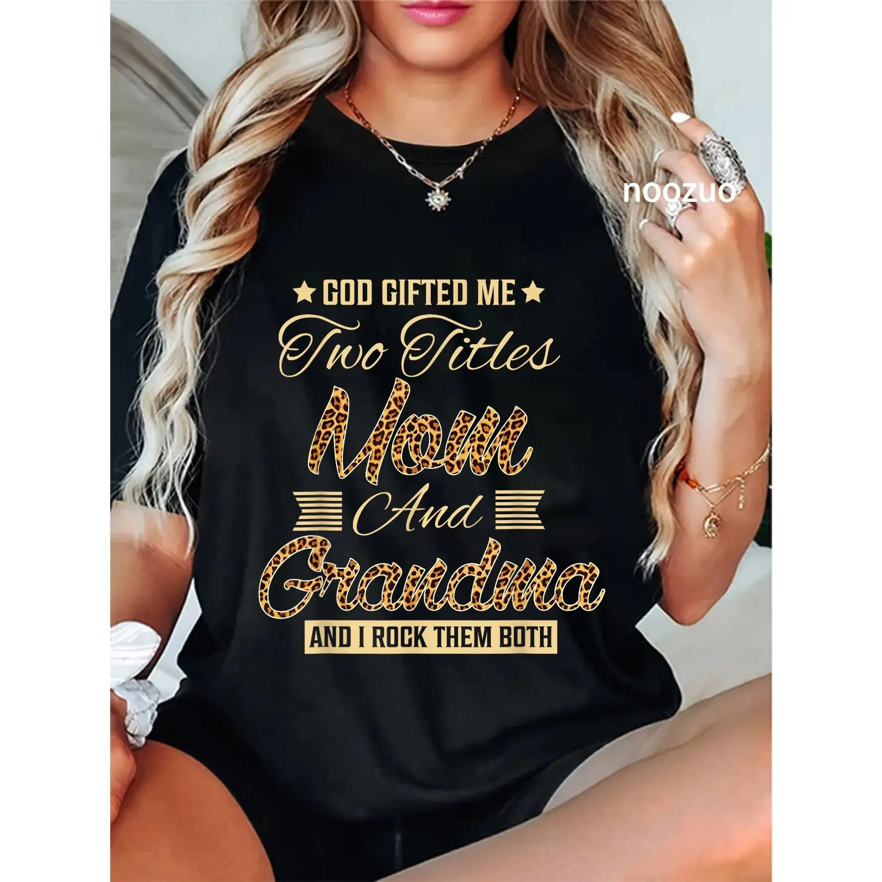 100% Cotton god gifted me two titles mom Grandma leopard mother's day T-Shirt