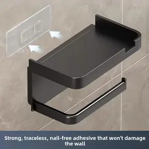 No Drill Toilet Paper Holder Wall Mounted Tissue Box Dispenser Heavy Duty Adhesive Bathroom Organizer Storage Shelf for Roll Paper Towels Punch-Free Installation Renter Friendly Home Decor Waterproof Rustproof Modern Design Essential