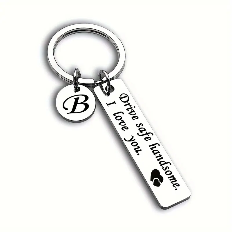 1pc 26 Letters Keychain Keyring Stainless Steel Long Driving Safety Keychain for Couple Husband Father Birthday Valentine'S Day Gift Keychain Safe Drive Key