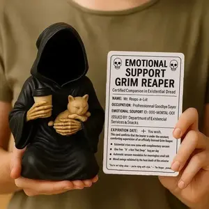 Emotional Support Death Statue, Resin Figure with Cat & Coffee Cup, Hood Design, Gothic Home Decor, No Power Needed, Indoor Decoration