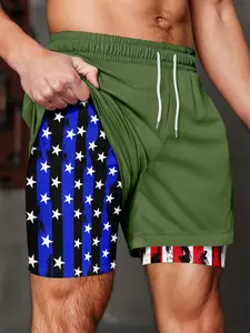 Men's 2‑in‑1 Compression Liner Casual Shorts, Solid Green Outer with American Flag Star Stripes Inner Print, Quick Dry Drawstring Patriotic Summer Workout Board Shorts