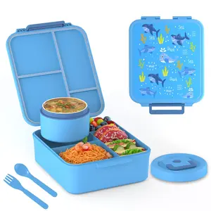 Bear/Dino Print Kids' Lunch Box 4-Compartment with Detachable Soup Cup Leak-Proof Food-Grade & Microwave-Safe for School Travel