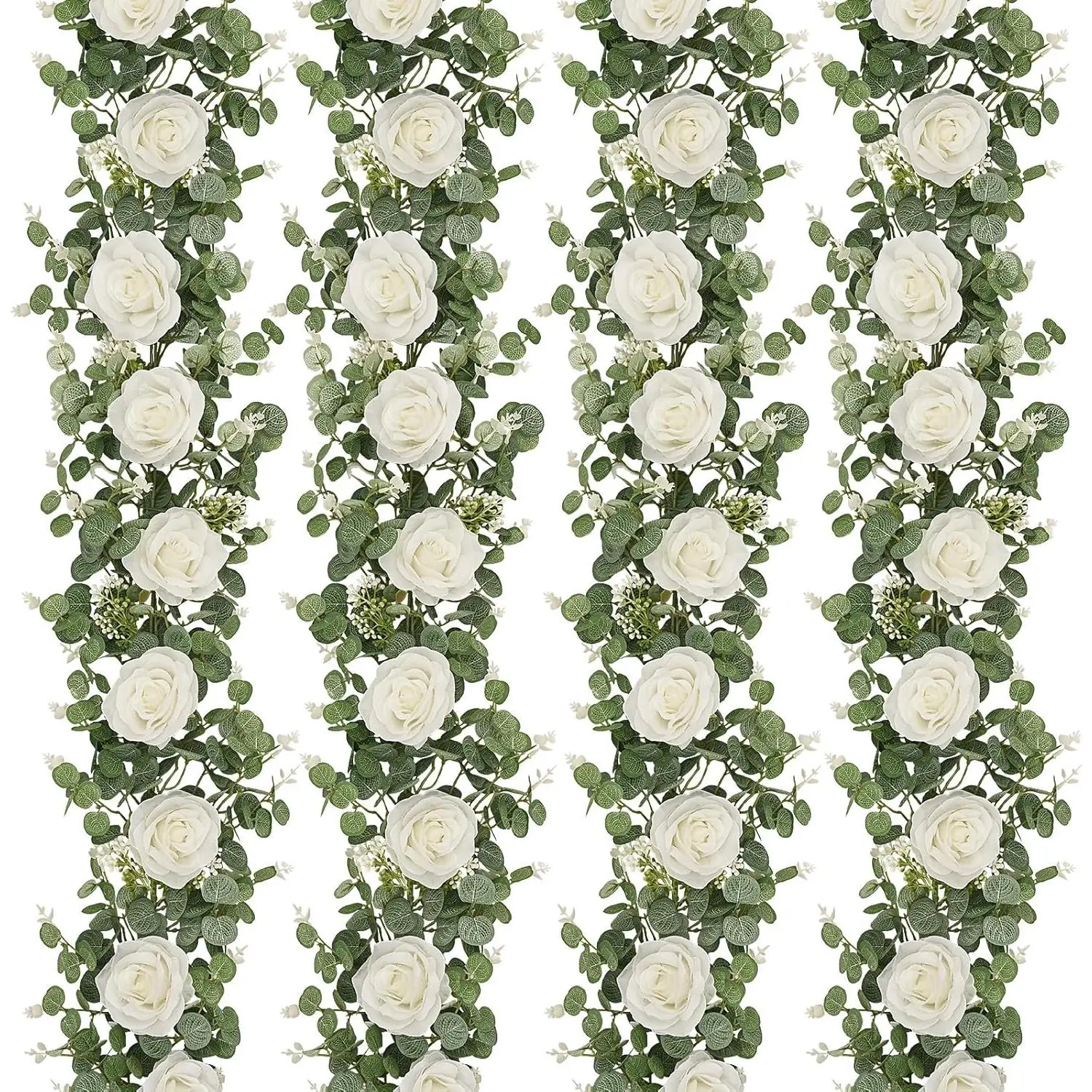 4-Count 26Ft Plastic Artificial Eucalyptus Garlands with 8 Silk Roses, Flower Design Faux Greenery Vines Ornaments for Wedding Table Centerpieces, Window Decor (White)