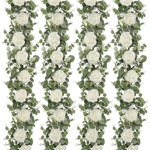 4 count 26Ft Artificial Eucalyptus Garlands with  - 8 Roses, Faux Floral Greenery Garlands   Vines for Wedding Table Centerpieces Arch Party Ceremony Backdrop Decor (White)