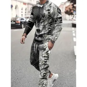 [2Pcs Wolf Pattern Outfits Set] Wolf Pattern Men's 2Pcs Outfits, Casual Crew Neck Long Sleeve T-shirt And Drawstring Sweatpants Joggers Set For Winter Fall, Men's Clothing