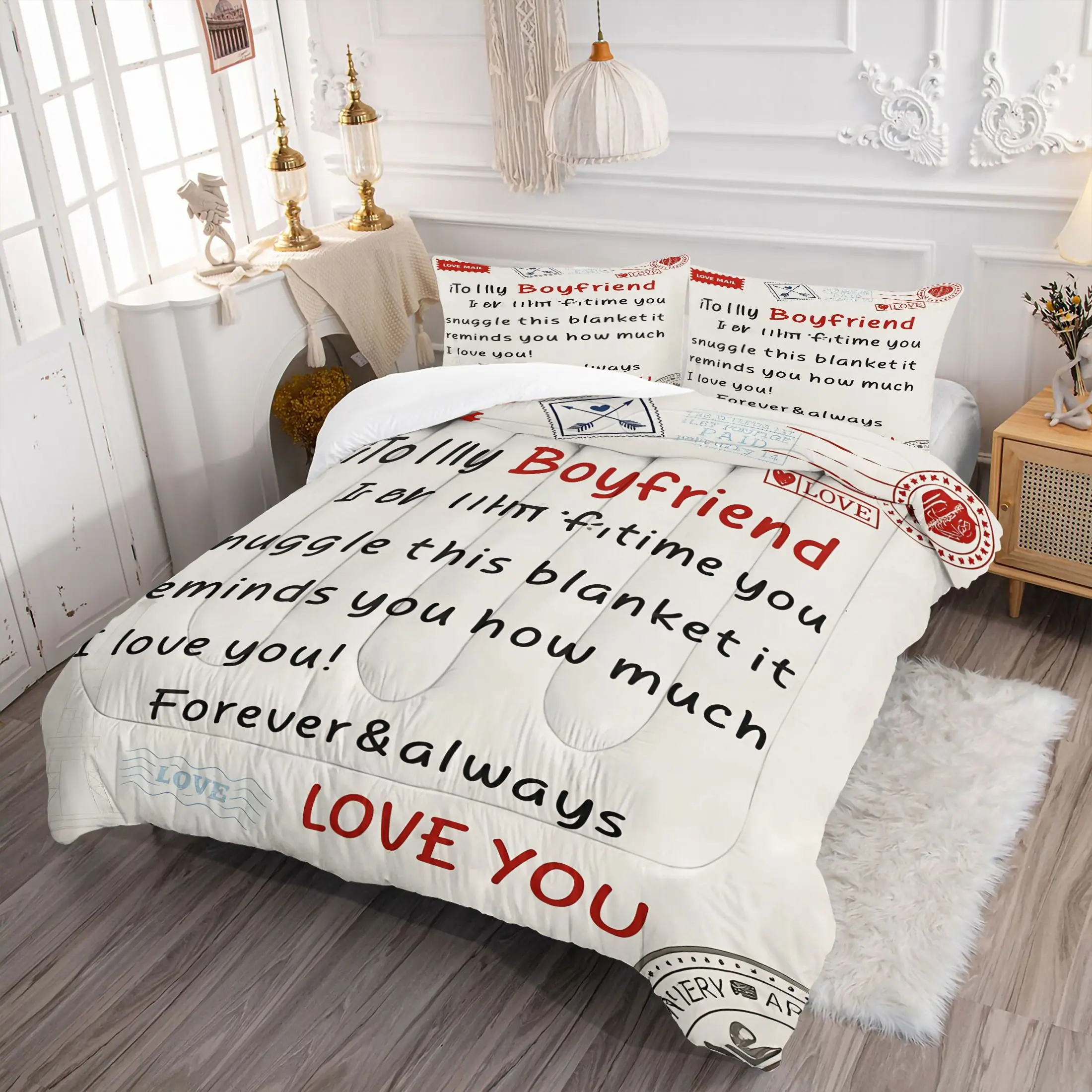 2/3Pcs Sentimental 'To My Boyfriend' Comforter Set, Love Letter Bedding Set with Pillowcases, Plush Quilt for Him, Romantic Couple Bedroom Decor, Perfect Gift for Anniversary/Birthday, All Sizes