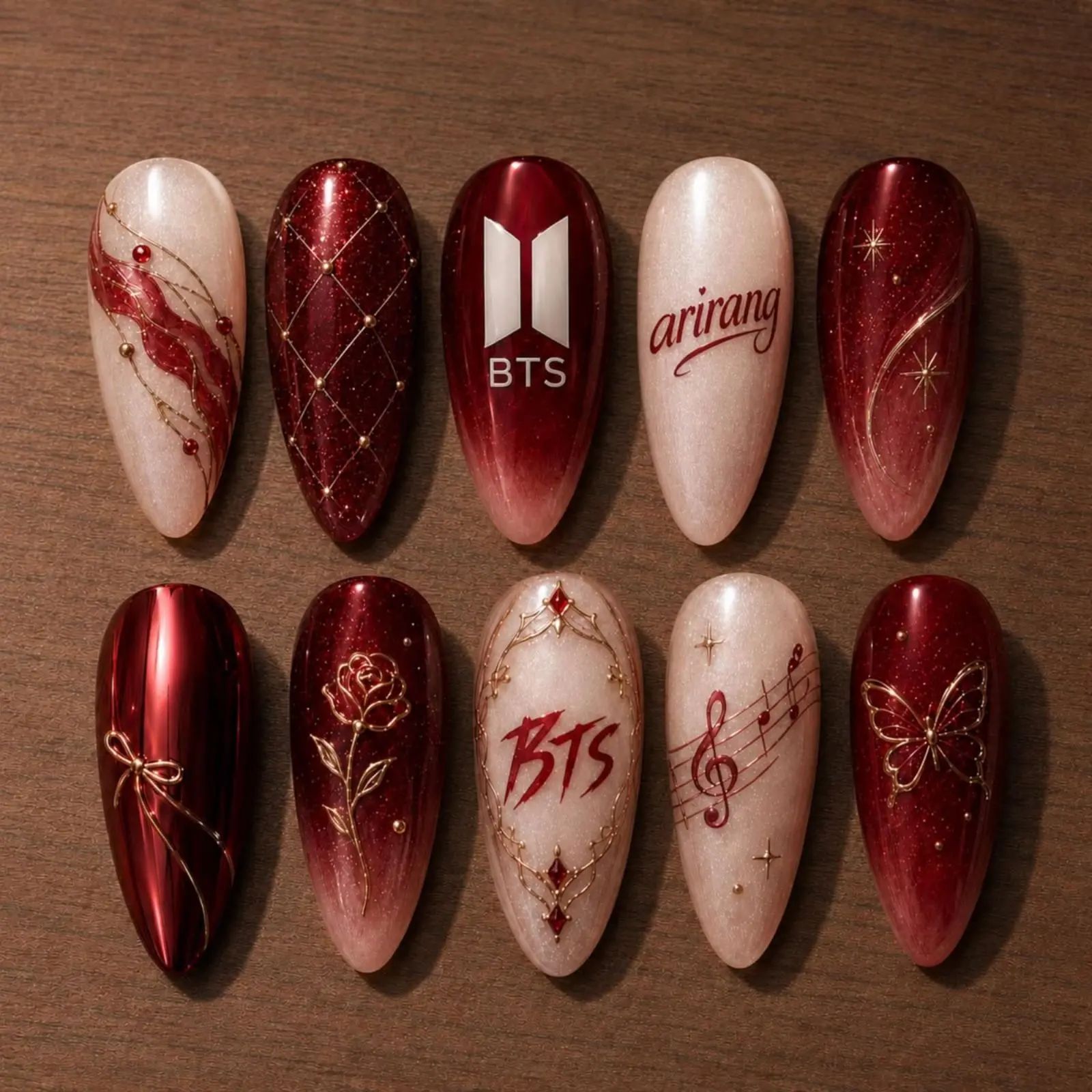 Fandom Arirang Burgundy Press On Nails | Kpop Concert Inspired Cat Eye Nails | Cherry Red Chrome Gel Nails | Handmade Luxury Fake Nails | ARMY Fan Gift